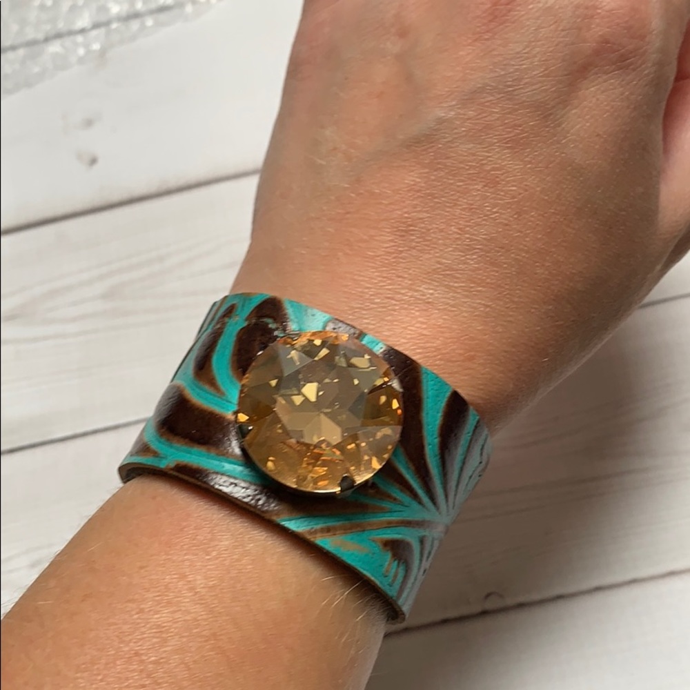 Leather cuff bracelet with amber stone